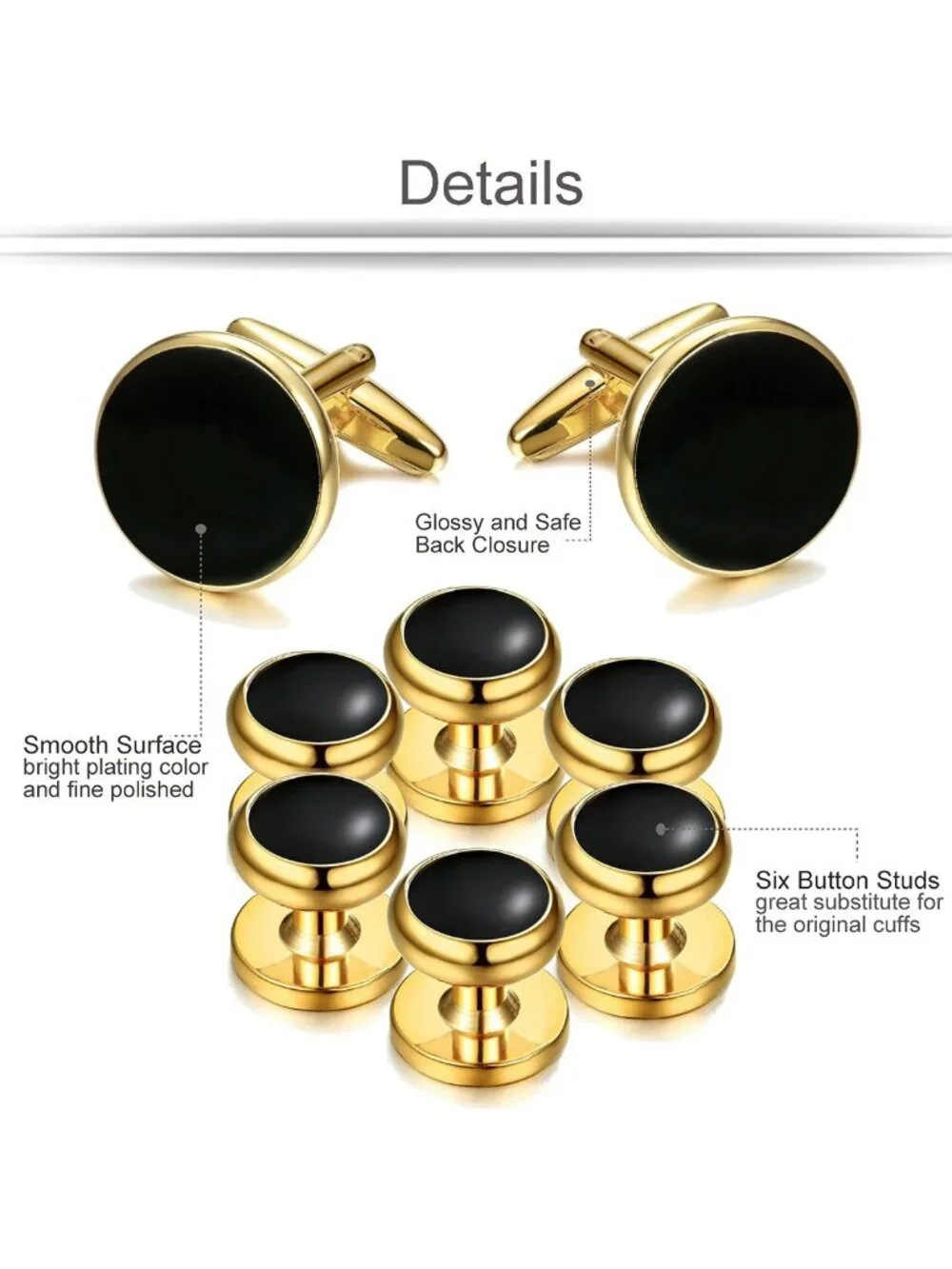 Stylish Stainless Steel Cuff Links & Studs Set - Gold & Black Tuxedo Accessories
